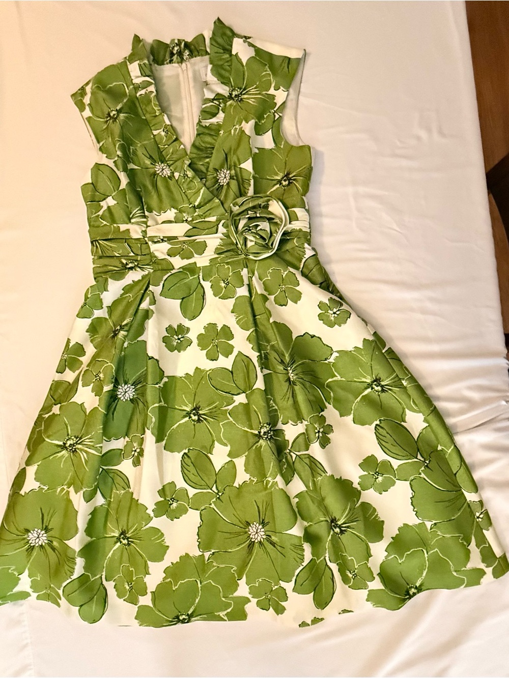 Jessica H Green and Cream Floral V-Neck Fit and Flare Knee Length Dress (MM22)